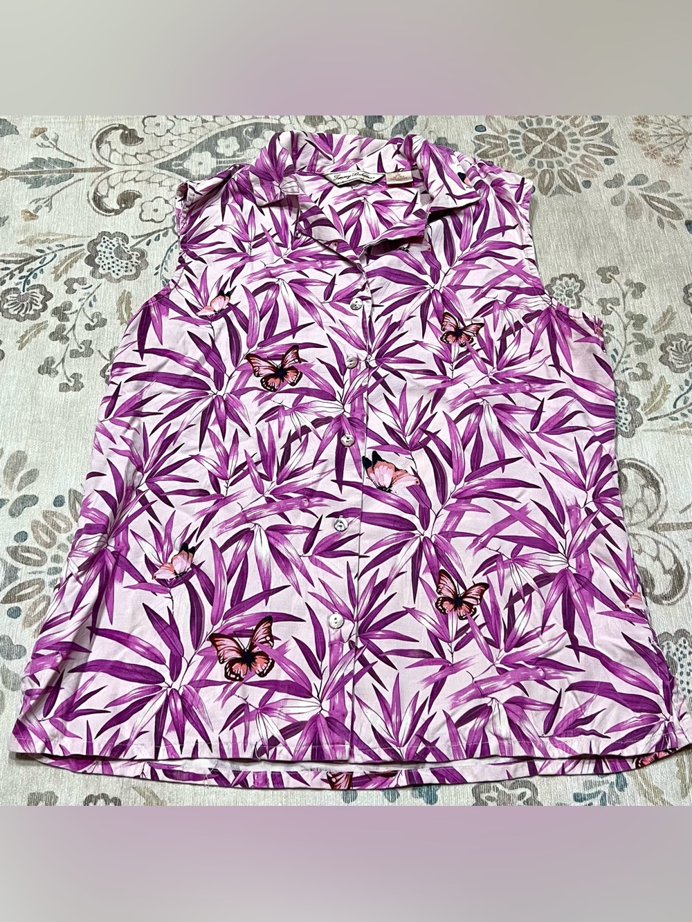 Tommy Bahama Silk Sleeveless Camp Shirt Purple Bamboo Butterfly Size Small